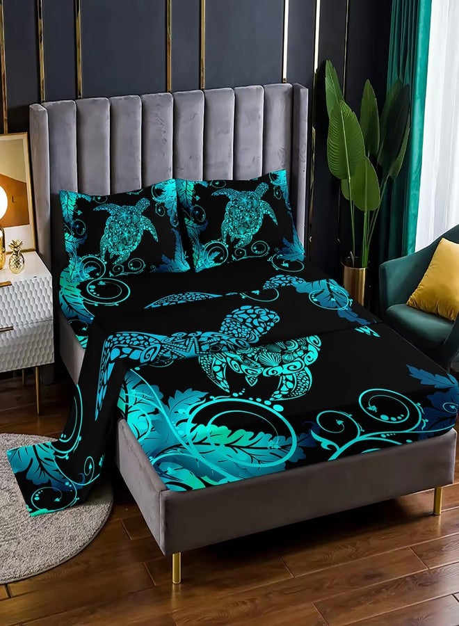 Nttopship Black Sea Turtle 4 Pieces Bed Sheet Sets Queen Size Sea Turtle Bedding Sets with 16" Deep Pockets Oceans and Starfish Bedroom Decor,Bedding Set 4 PCS(1 Fitted+1 Flat+2 Pillowcases) - Image 1