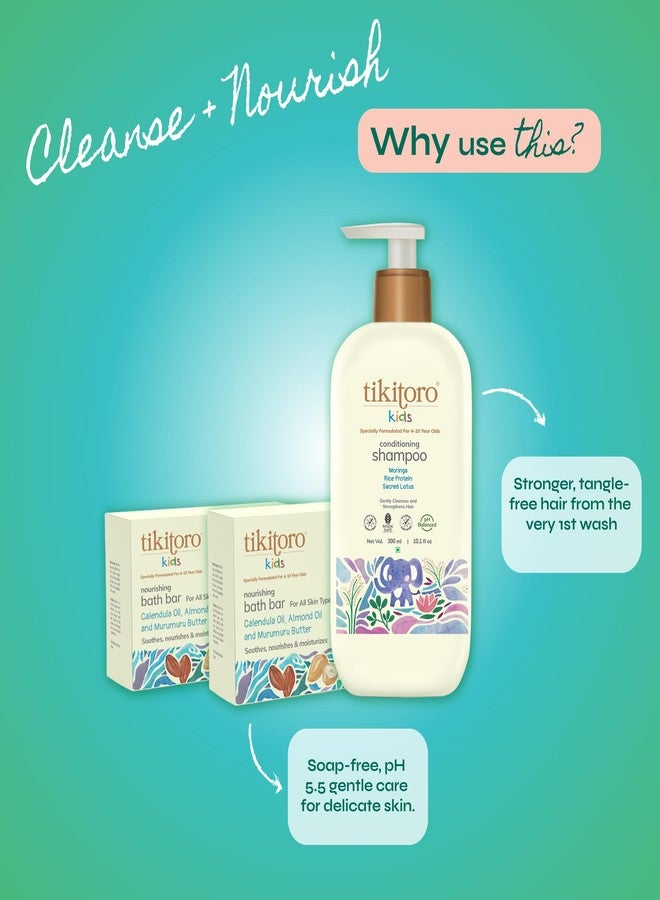 Tikitoro Kids Shampoo with Bath Bar Combo Pack of 2 | 100% Vegan, Conditions Hair and Scalp | Nourishes and Moisturizes Skin (4-10 Years) (300ml x 1 and 75g x 2) - Image 2