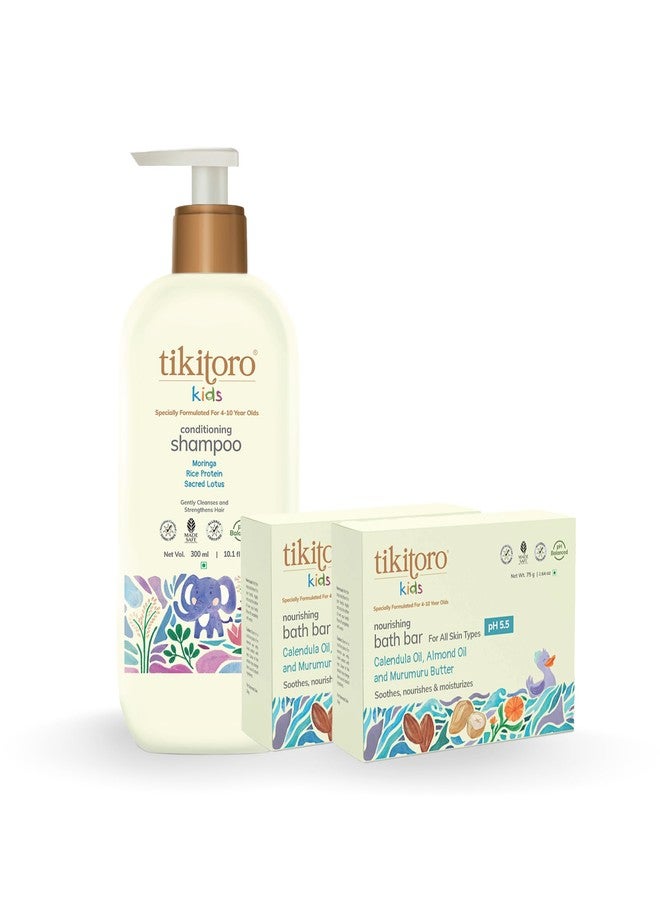 Tikitoro Kids Shampoo with Bath Bar Combo Pack of 2 | 100% Vegan, Conditions Hair and Scalp | Nourishes and Moisturizes Skin (4-10 Years) (300ml x 1 and 75g x 2) - Image 1