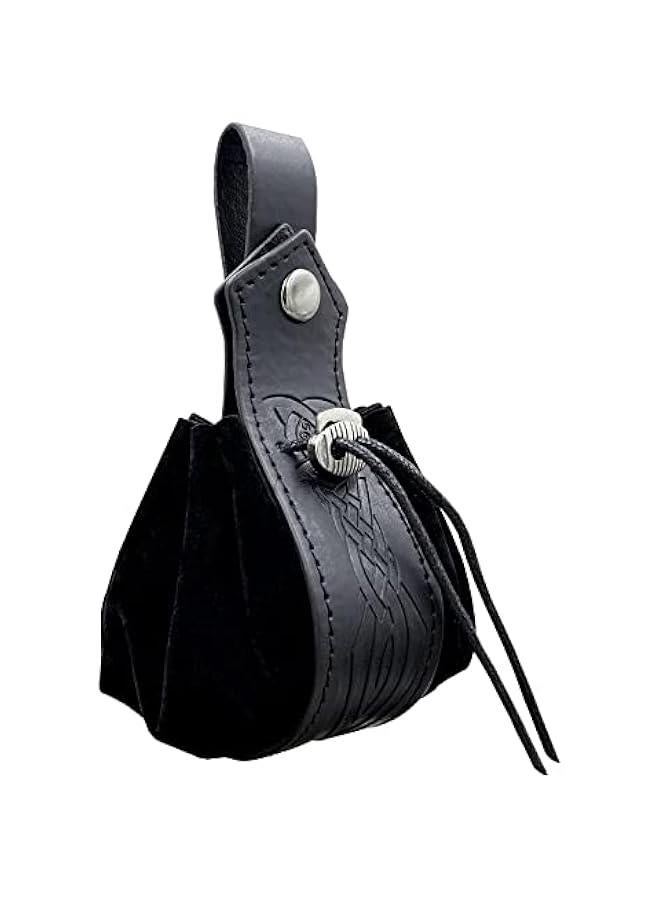 Medieval Faux Leather Drawstring Pouch, Retro Nordic Portable Coin Purse, Vintage Belt Pouch Dice Bag For LARP Ren Faire (Black C)  - Image 1
