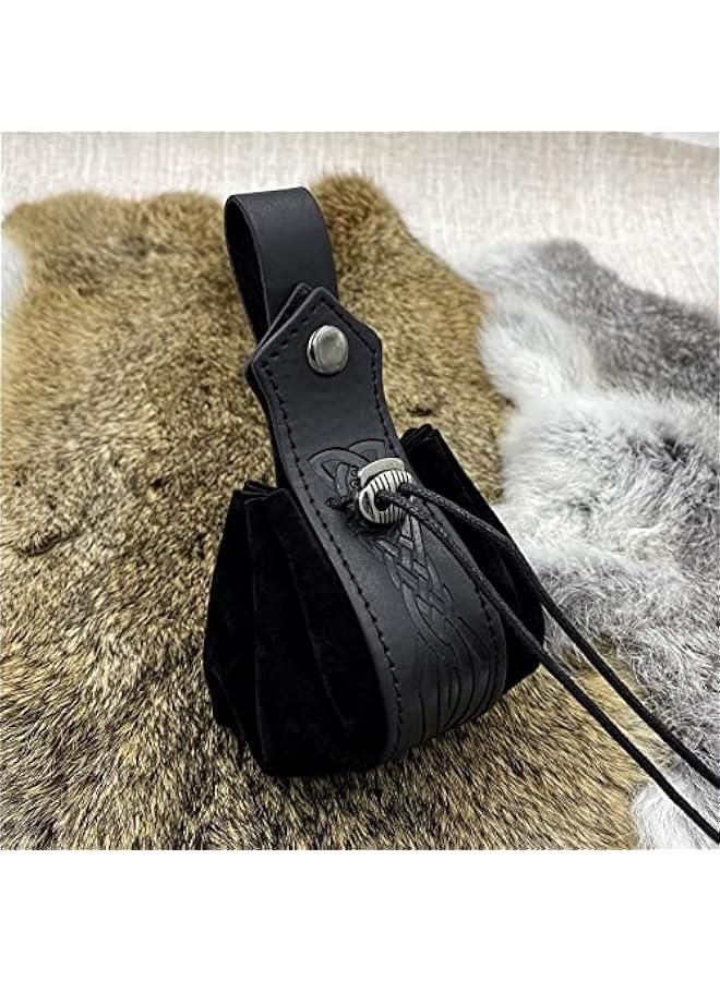 Medieval Faux Leather Drawstring Pouch, Retro Nordic Portable Coin Purse, Vintage Belt Pouch Dice Bag For LARP Ren Faire (Black C)  - Image 3