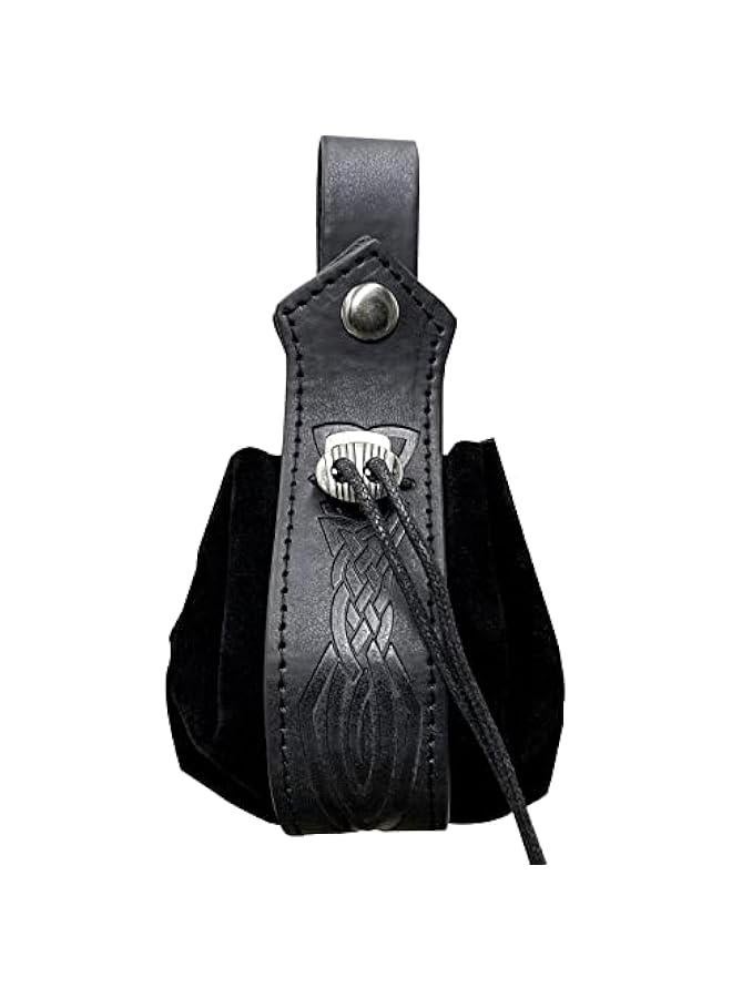 Medieval Faux Leather Drawstring Pouch, Retro Nordic Portable Coin Purse, Vintage Belt Pouch Dice Bag For LARP Ren Faire (Black C)  - Image 2