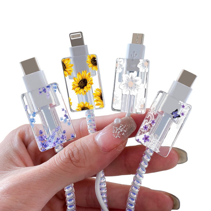 CameCosy Flower Floral Lightning Cable Protector for iPhone Type-C Charger,Cute Lavender Sunflower Lace Blossom Pattern 4pcs Set Phone Cable Protector,Charging Cord Protector,Charger Saver (Lightning Cable) - Image 1