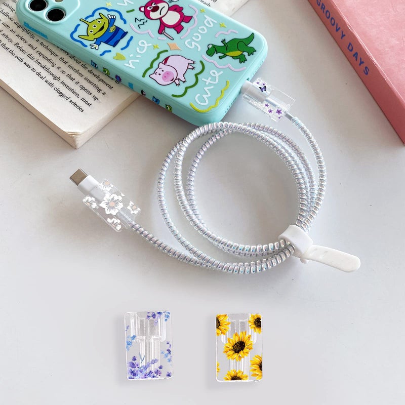 CameCosy Flower Floral Lightning Cable Protector for iPhone Type-C Charger,Cute Lavender Sunflower Lace Blossom Pattern 4pcs Set Phone Cable Protector,Charging Cord Protector,Charger Saver (Lightning Cable) - Image 2