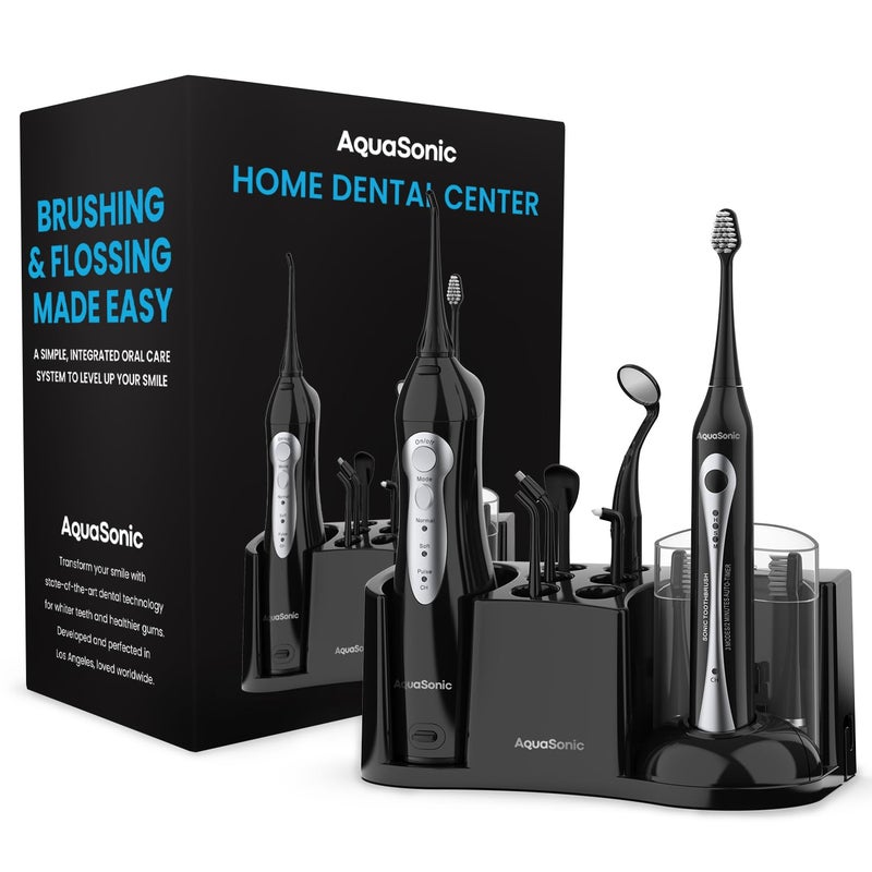 AquaSonic Home Dental Center Rechargeable Power Toothbrush & Smart Water Flosser - Complete Family Oral Care System - 10 Attachments and Tips Included - Various Modes & Timers (Black) - Image 1