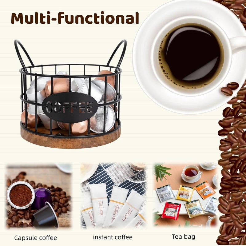 Fving Coffee Pods Holder for Countertop, K Cup Holder Organizer, Sturdy Kcup Storage Basket with Wooden Base , Pod Container For Kitchen Bar Counter Office Desktop (Black) - Image 2