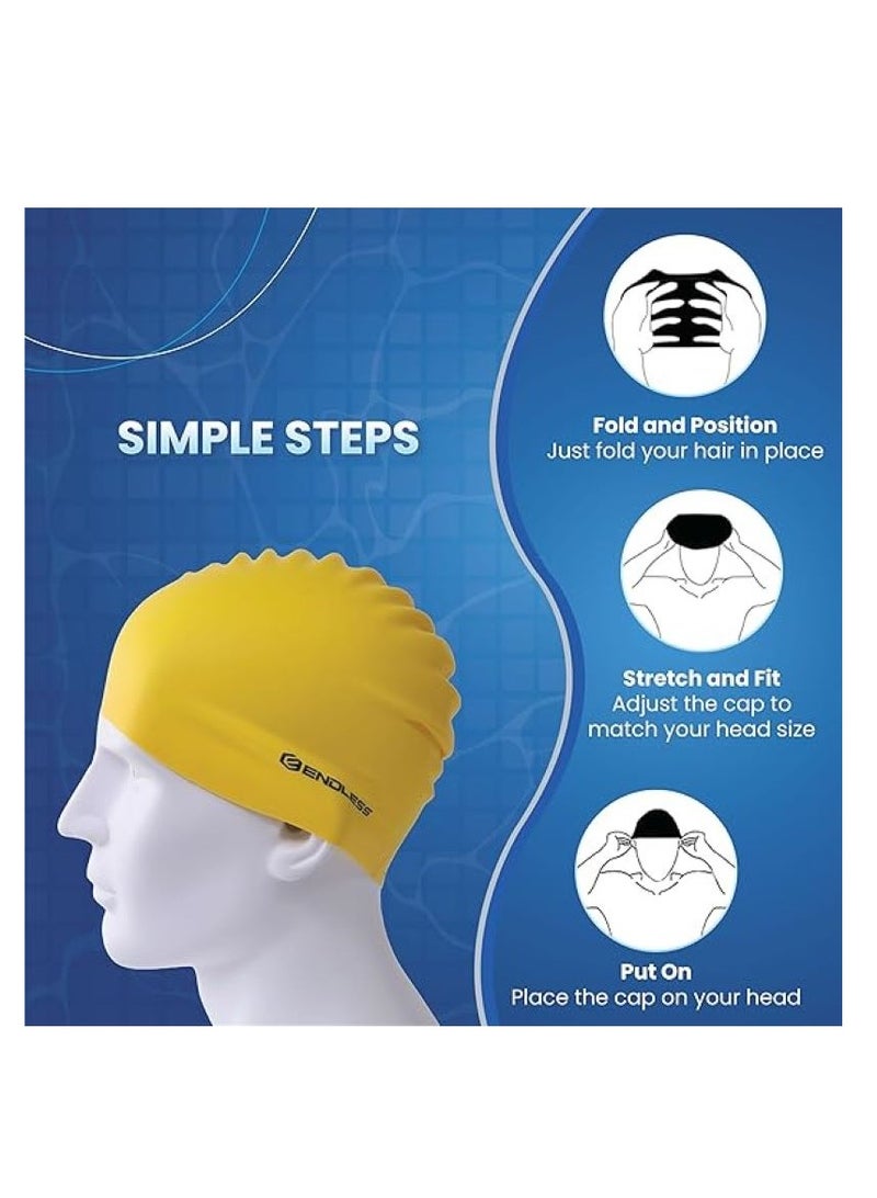 ENDLESS  Comfortable Silicon Swimming Cap with Ergonomic Ear Pockets | Fully Elastic Waterproof Cap for Long and Short Hair with Thicker Edge | For Women and Men - Image 3