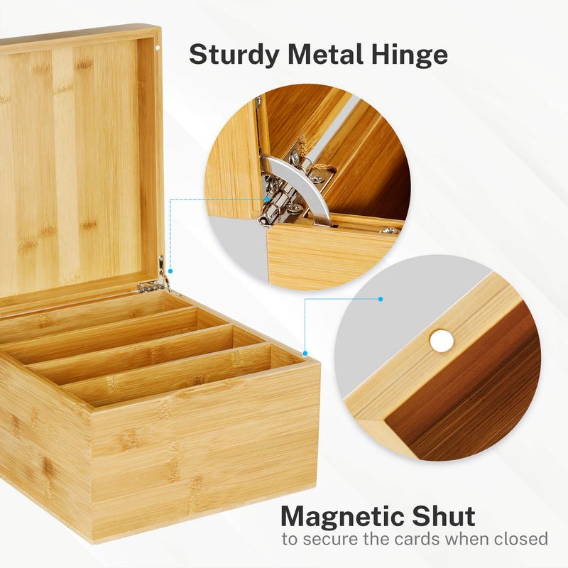 MaxGear Index Card Holder, 5 x 8 Inch Wooden Business Card Organizer for Desk with 4 Dividers, Bamboo Index Cards Box with A-Z Tabs Holds 600 Cards for Recipe Flash Storage - Image 4