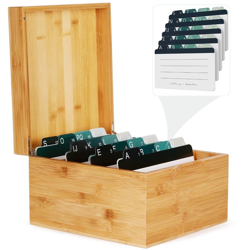 MaxGear Index Card Holder, 5 x 8 Inch Wooden Business Card Organizer for Desk with 4 Dividers, Bamboo Index Cards Box with A-Z Tabs Holds 600 Cards for Recipe Flash Storage - Image 1