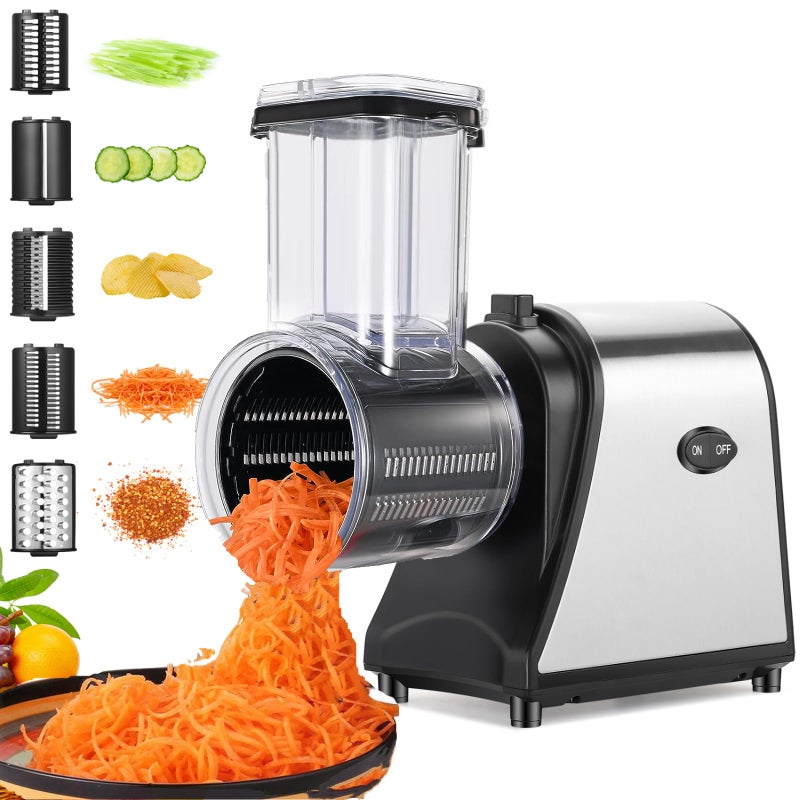 Homdox Electric Cheese Gratershredder 250W Electric Slicer Grater Salad Maker with 5 Free Attachments Electric Salad Machine for Fruits Cheeses Extra large feed port Upgraded