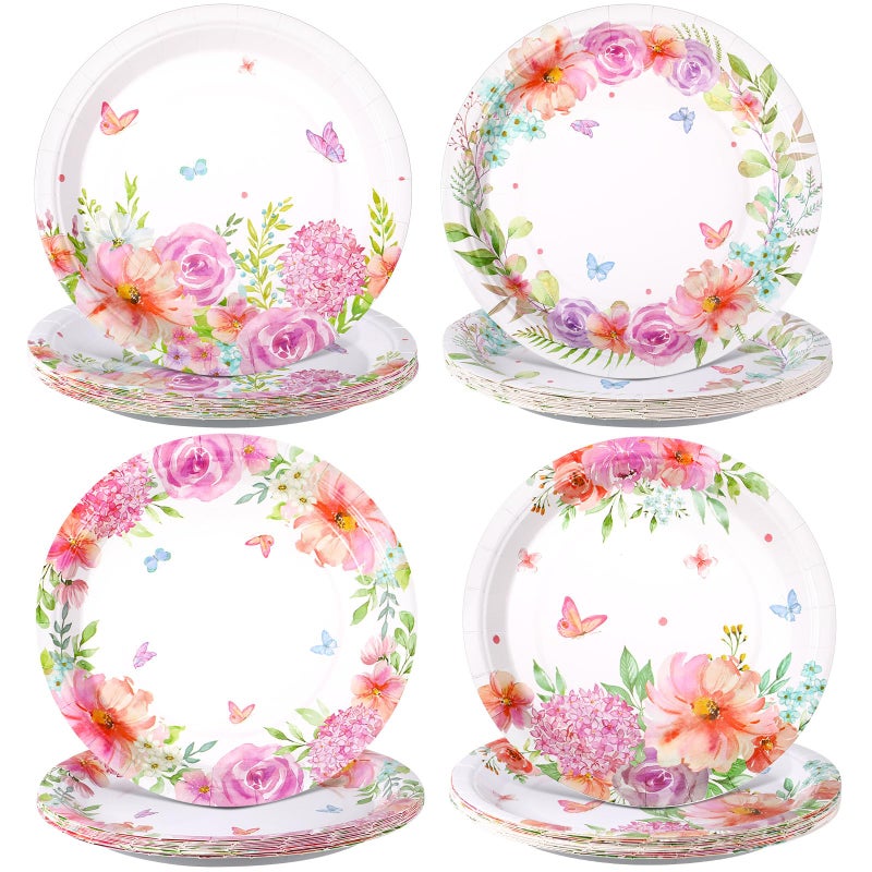 Zopeal Zopeal 60 Pieces Floral Butterfly Paper Plates 9 Inch  Spring Baby in Bloom Baby Shower Decorations Wild Flower Wedding Disposable Floral Dinner Plates for Birthday Tea Party Shower Supplies  - Image 1