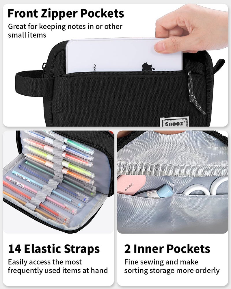 Sooez Big Capacity Pencil Case, Upgraded Canvas Pencil Pouch Large Pencil Bag Organizer, Separate Compartments Easy Grip Handle, Aesthetic Supply for School Teens Adults, Black Pen Case - Image 3