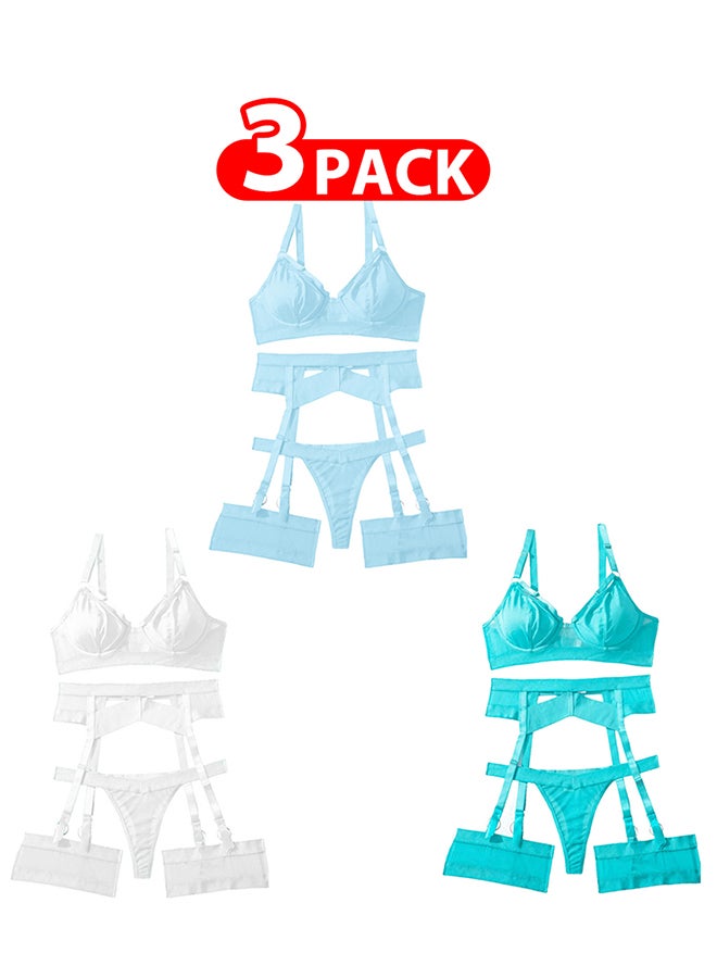 MARGOUN 3 Pack Large Size Women Sheer Mesh Garter Lingerie Set Strappy Teddy Babydoll Bra and Panty with Leg Ring 4 Piece Lingerie Set - Image 1