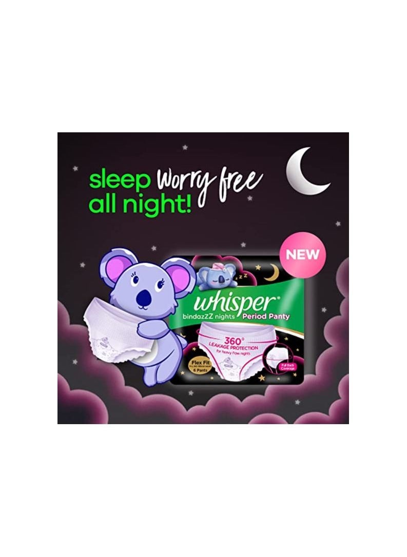 Whisper Bindazzz Night Period Panty|6 M-L Panties|upto 0% Leaks|360 degree leakage protection|Full back coverage|Suitable for Heavy Flow|Flex fit|Soft & comfortable|With disposable wrap