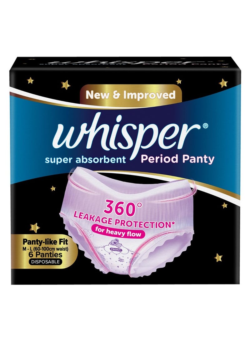Whisper Whisper Bindazzz Night Period Panty|6 M-L Panties|upto 0% Leaks|360 degree leakage protection|Full back coverage|Suitable for Heavy Flow|Flex fit|Soft & comfortable|With disposable wrap  - Image 1