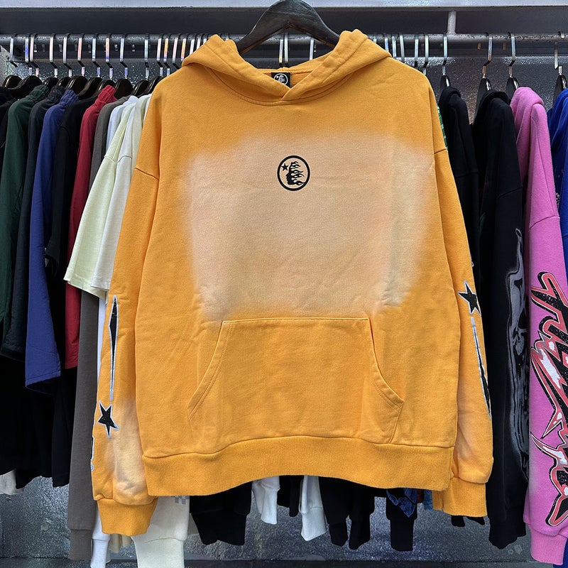 American Street Fashion Brand Retro Cracked Logo High Weight Loose Washed and Distressed Hooded Sweatshirt Mens Hoodie Suit 2216 orange