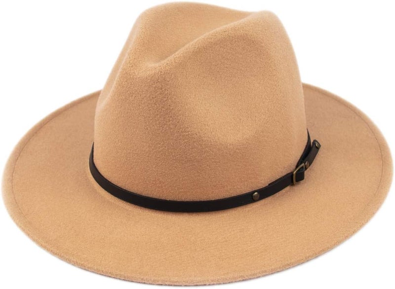 Lanzom Womens Classic Wide Brim Floppy Panama Hat Belt Buckle Wool Fedora Hat - Image 1