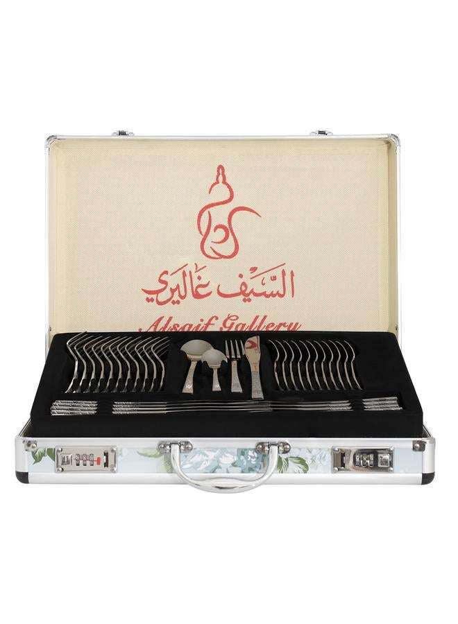 السيف  طقم ملاعق فولاذية مع علبة ألومنيوم 72 قطعة مطلية بالذهب ونقش فضي - Image 1