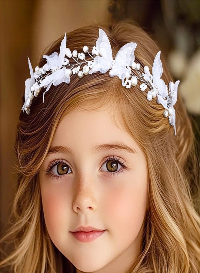 Campsis Flower Girls Hair Accessory, White Butterfly Headband, First Communionn Headpiece for Women and Girls - Image 1