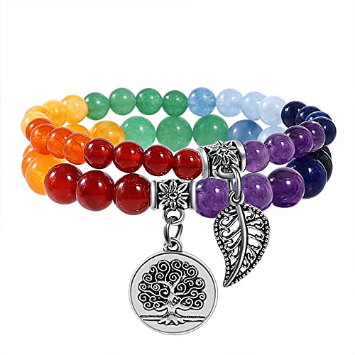 Bivei Life Tree Charm Natural 7 Chakra Crystal Semi-Precious Stone Beads Stretch Beaded Bracelets for Women Men Balance - Image 1