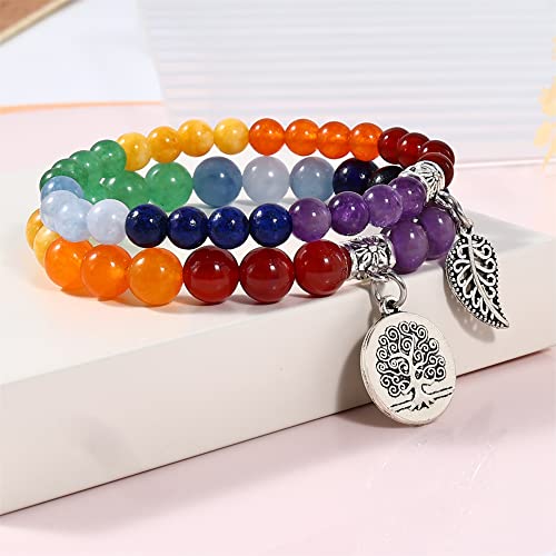Bivei Life Tree Charm Natural 7 Chakra Crystal Semi-Precious Stone Beads Stretch Beaded Bracelets for Women Men Balance - Image 4