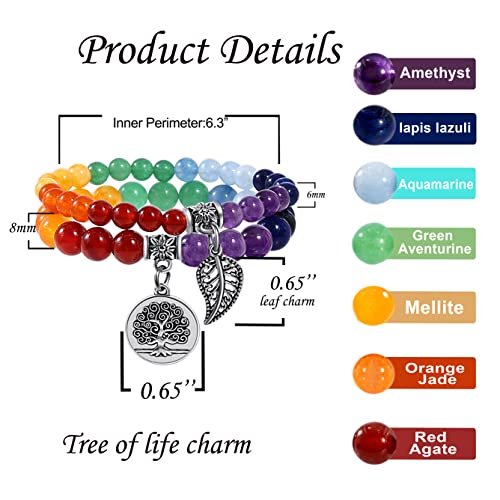Bivei Life Tree Charm Natural 7 Chakra Crystal Semi-Precious Stone Beads Stretch Beaded Bracelets for Women Men Balance - Image 3