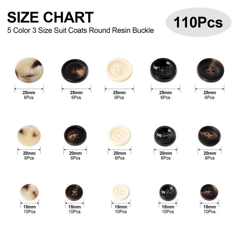 OELFFOW 110Pcs Mixed Sewing Buttons, 4-Hole Craft Round Blazer Buttons, 5 Color 3 Size (15mm, 20mm, 25mm) Suit Coats Resin Button, Suitable for Variety Clothing Sewing, DIY Craft (Black & White) - Image 2