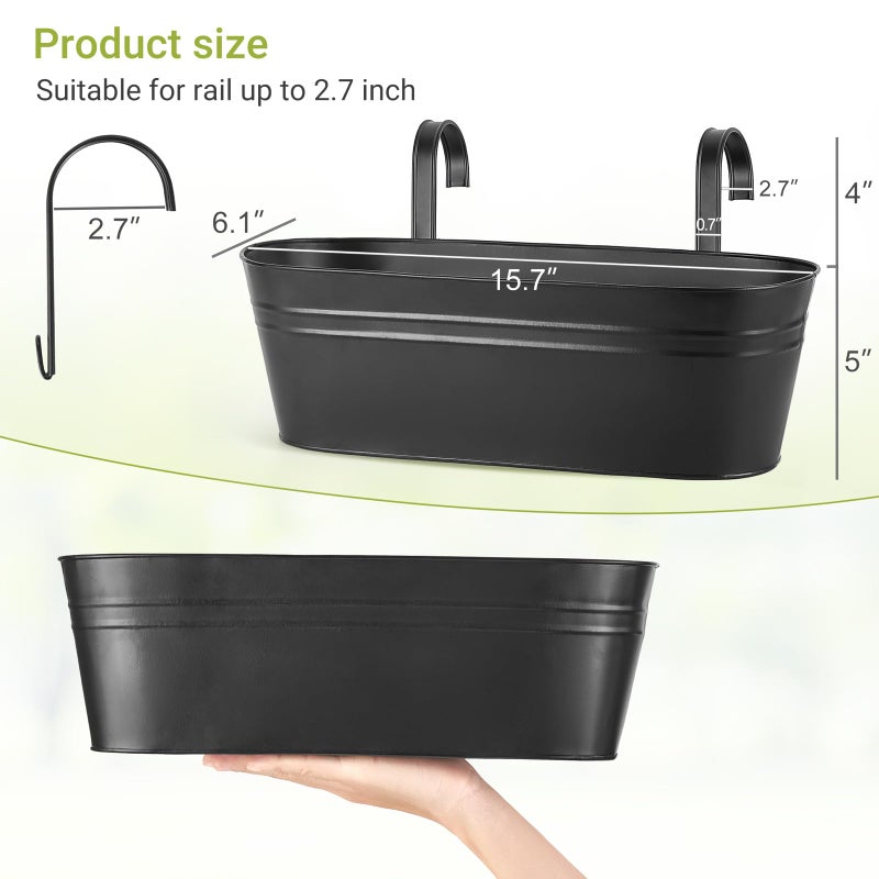 Dahey 4 Pcs Metal Hanging Flower Pots for Railing Fence Outdoor Planter 15.7 Inch Hanging Bucket Pots Countryside Window Flower Plant Holder with Detachable Hooks for Garden Yard Home Decor,Black - Image 2