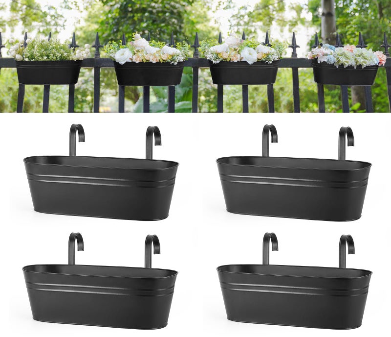 Dahey 4 Pcs Metal Hanging Flower Pots for Railing Fence Outdoor Planter 15.7 Inch Hanging Bucket Pots Countryside Window Flower Plant Holder with Detachable Hooks for Garden Yard Home Decor,Black - Image 1