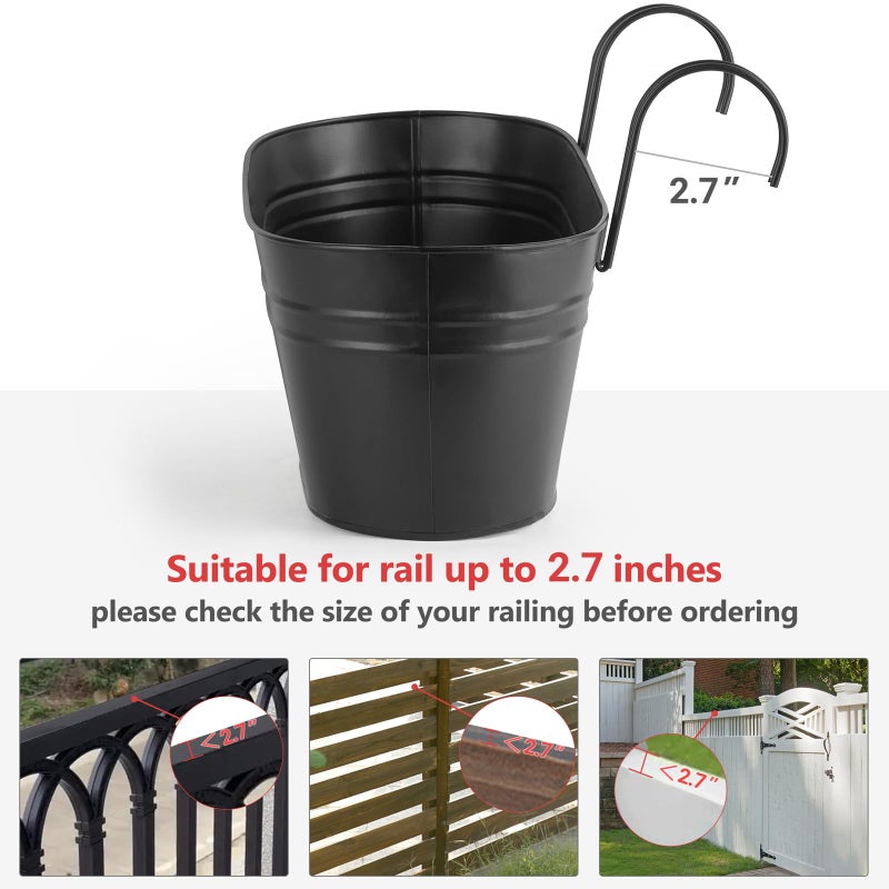 Dahey 4 Pcs Metal Hanging Flower Pots for Railing Fence Outdoor Planter 15.7 Inch Hanging Bucket Pots Countryside Window Flower Plant Holder with Detachable Hooks for Garden Yard Home Decor,Black - Image 5
