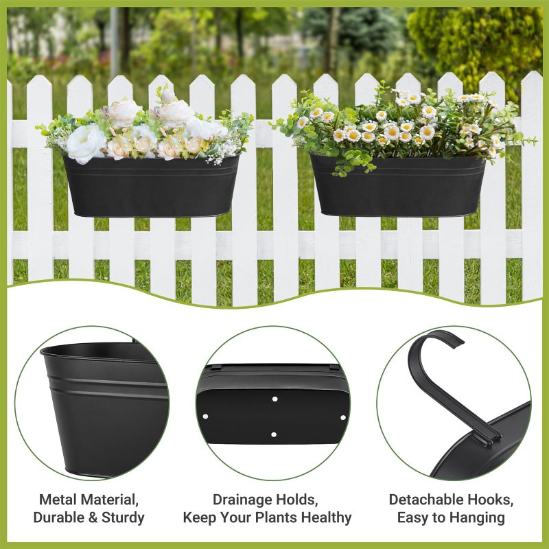 Dahey 4 Pcs Metal Hanging Flower Pots for Railing Fence Outdoor Planter 15.7 Inch Hanging Bucket Pots Countryside Window Flower Plant Holder with Detachable Hooks for Garden Yard Home Decor,Black - Image 3