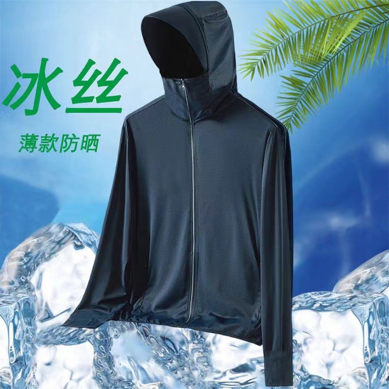 Generic Ice Silk Sun Protection Clothing Mens Summer Hooded Windbreaker Ultra-thin Breathable Outdoor Fishing Sun Protection Suit Coat Jacket navy blue [F03KC]] 