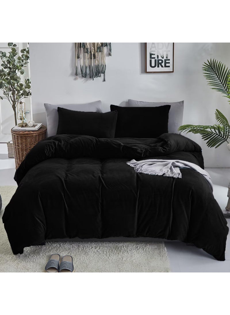 Luxlovery Luxlovery Black Velvet Comforter Set Plush Fluffy Flannel Bedding Comforter Set Dark Color Black Minimalist Bedding Set Solid Pale Black Blanket Quilts Modern Heavyheight Winter Warm Comforter Set  - Image 1
