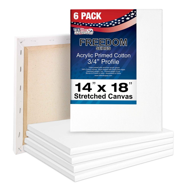 لوحة قماشية ممدودة 14 × 18 بوصة من US Art Supply 12 أونصة ثلاثية التمهيد 6 عبوات جودة احترافية للفنانين بيضاء فارغة بروفايل 34 100 قطن ثقيل الوزن جيسو  صب أكريليك زيت