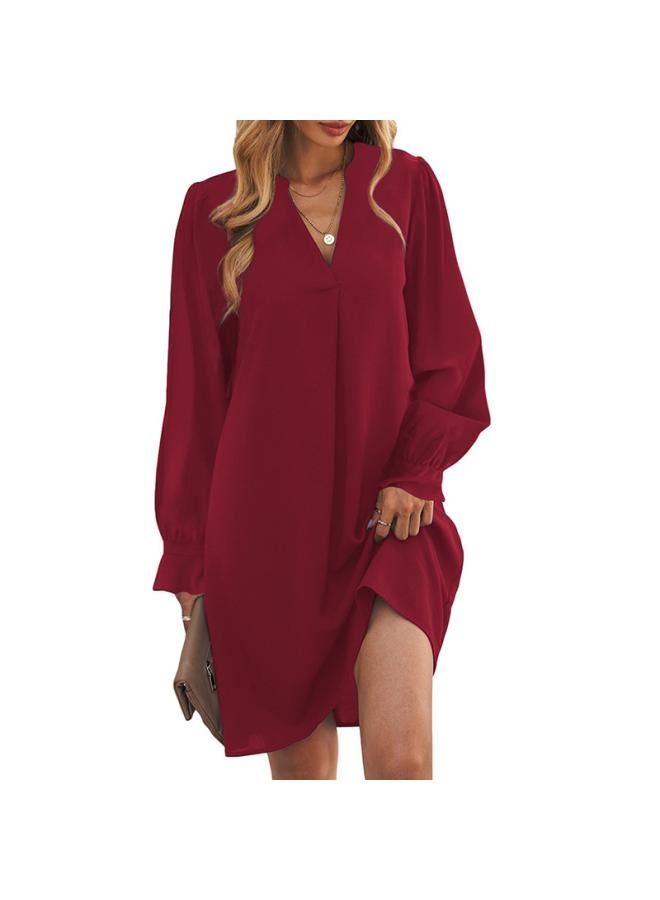 Shiying Autumn And Winter New Women's Clothing V-neck Ruffle Sleeve Solid Color Women's Short Skirt One-piece Delivery 