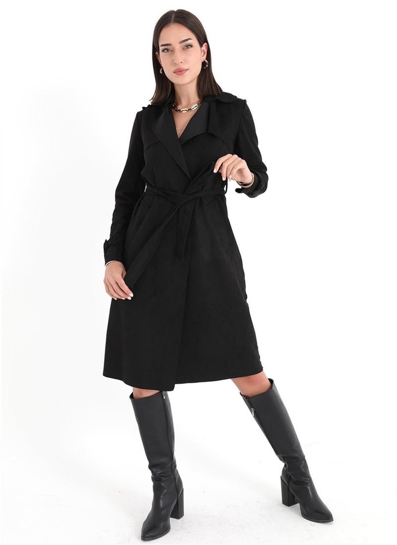 Generic Women winter suede black coat with belt  - Image 1