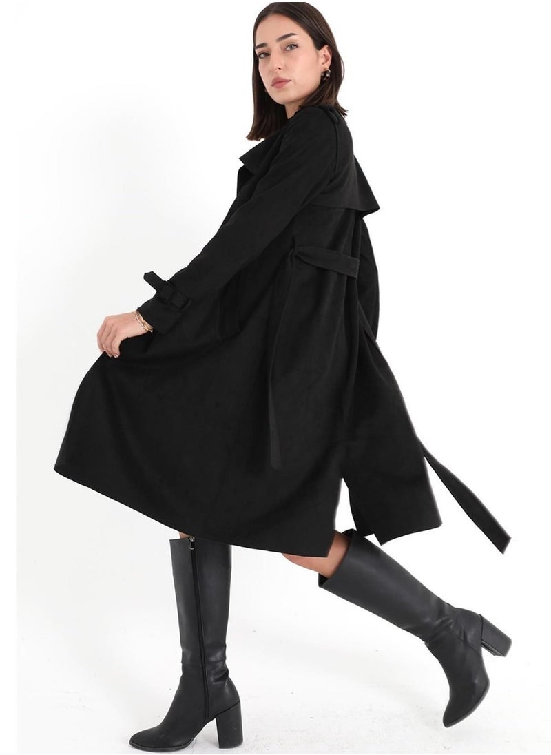 Generic Women winter suede black coat with belt  - Image 2