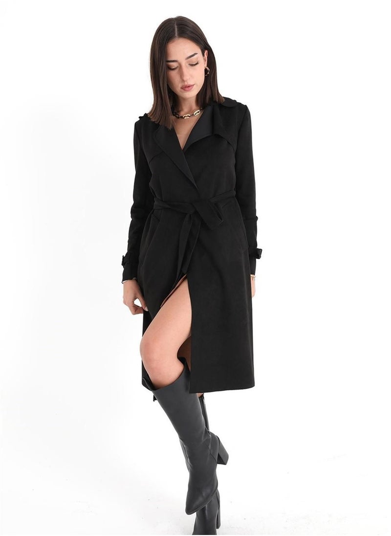 Generic Women winter suede black coat with belt  - Image 3