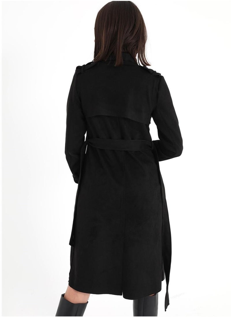 Generic Women winter suede black coat with belt  - Image 4