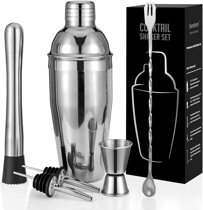 Semderm Cocktail Shaker Set, 6-Piece Mixology Bartender Kit Premium Shakers Bartending: Martini Shaker Jigger Mixing Spoon Muddler 2 Pourers Bar Tools Set with Built-in Bartender Strainer for Drink Shaker - Image 1