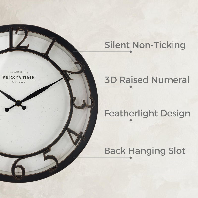 Presentime & Co 13" Farmhouse Series Wall Clock, Vintage Style, Retro Clock, Silent No Ticking, Raised 3D Arabic Numeral, Oil Rubbed Bronze Finish. - Image 2