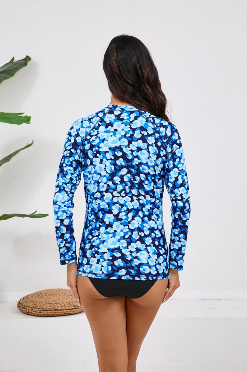 Halcurt Womens Long Sleeve Rash Guard Swim Shirts with Built in Bra UPF50+ Sun Protection Swimsuit Top Blue Floral S - Image 2