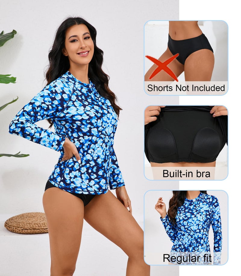 Halcurt Womens Long Sleeve Rash Guard Swim Shirts with Built in Bra UPF50+ Sun Protection Swimsuit Top Blue Floral S - Image 5