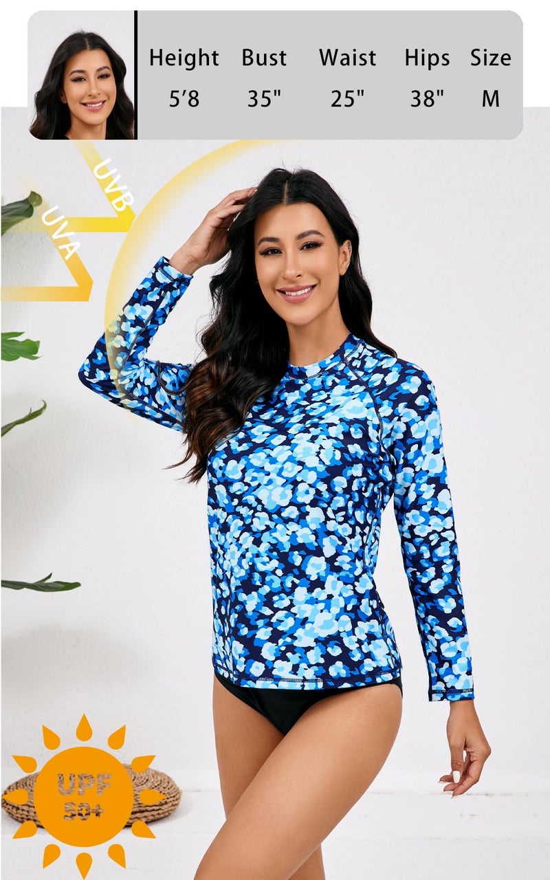 Halcurt Womens Long Sleeve Rash Guard Swim Shirts with Built in Bra UPF50+ Sun Protection Swimsuit Top Blue Floral S - Image 4