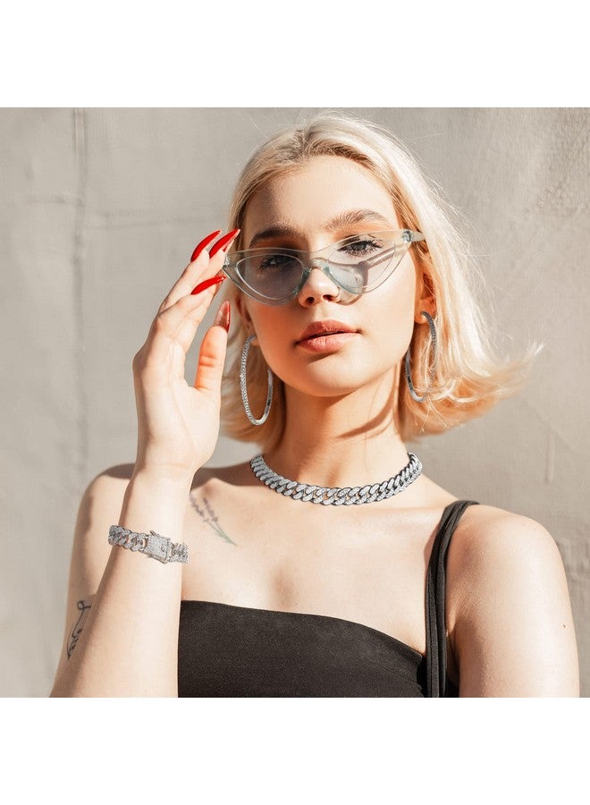 باتيير قلادة باتيير بسلسلة وصلات وأقراط مرصعة بأحجار الراين وقلادة لامعة وسوار وقرط دائري كبير من الكريستال للنساء (فضي، 16 بوصة) - Image 3