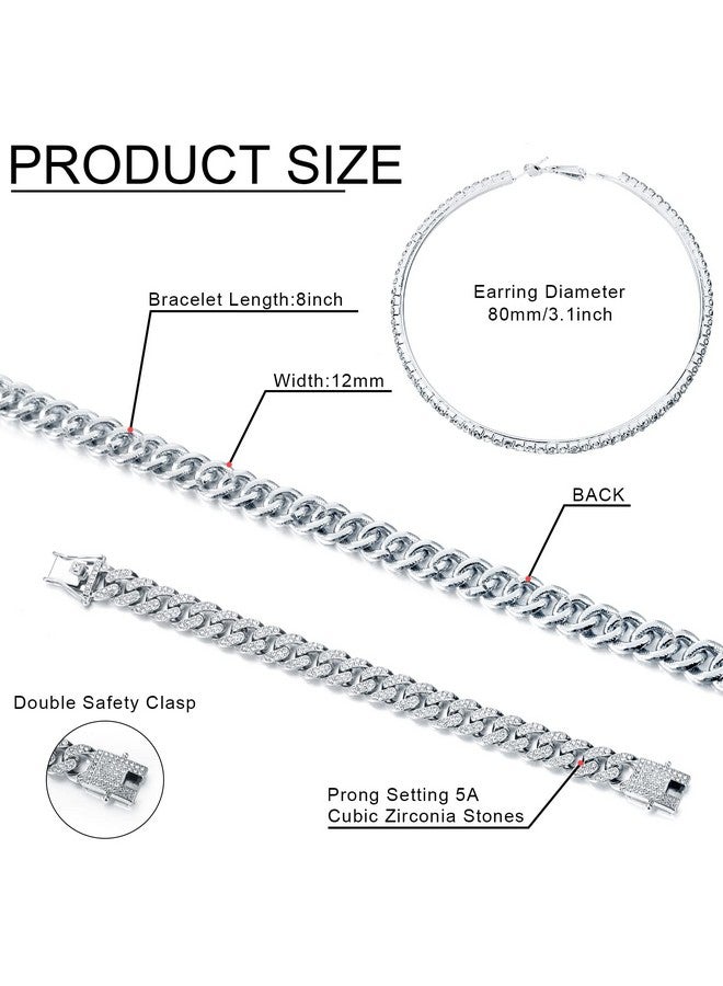 باتيير قلادة باتيير بسلسلة وصلات وأقراط مرصعة بأحجار الراين وقلادة لامعة وسوار وقرط دائري كبير من الكريستال للنساء (فضي، 16 بوصة) - Image 2