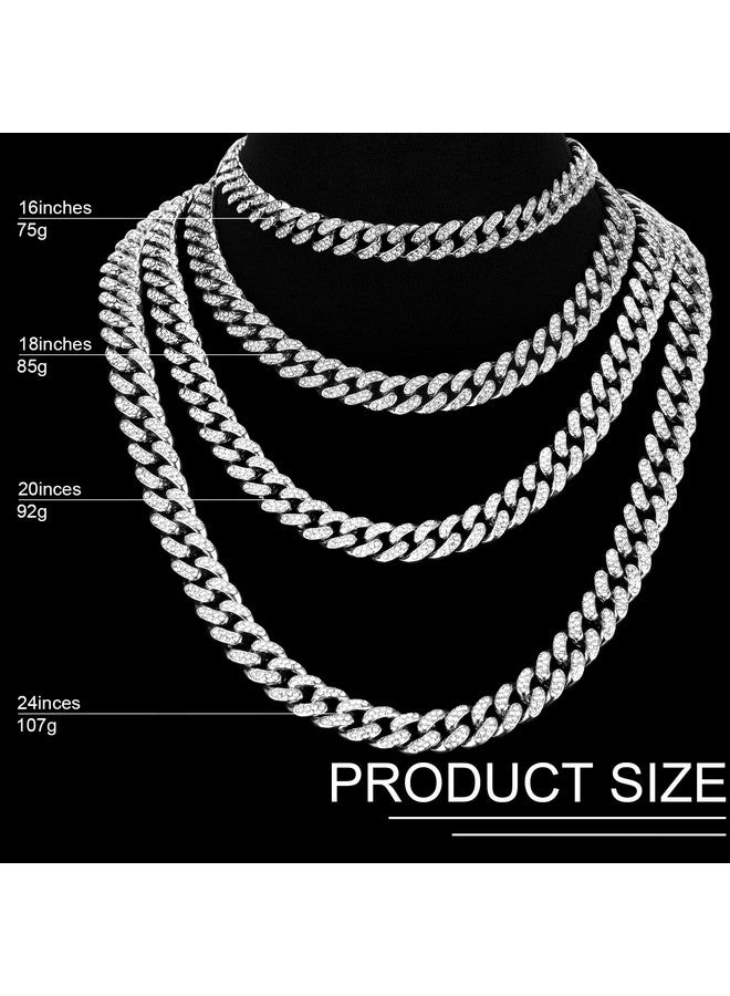 باتيير قلادة باتيير بسلسلة وصلات وأقراط مرصعة بأحجار الراين وقلادة لامعة وسوار وقرط دائري كبير من الكريستال للنساء (فضي، 16 بوصة) - Image 1