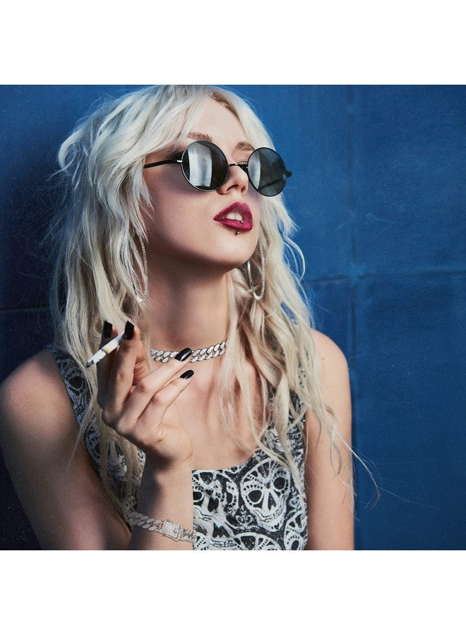 باتيير قلادة باتيير بسلسلة وصلات وأقراط مرصعة بأحجار الراين وقلادة لامعة وسوار وقرط دائري كبير من الكريستال للنساء (فضي، 16 بوصة) - Image 4