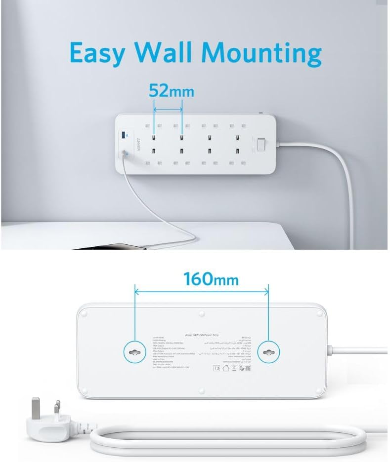 Anker 342 Power Strip with 8 AC Outlets & 2 USB Ports (12W Extension), PowerIQ Technology, Surge Protection, Fire-Resistant Casing, 1.8m Cable, Wall Mountable, for Home and Office - Image 4