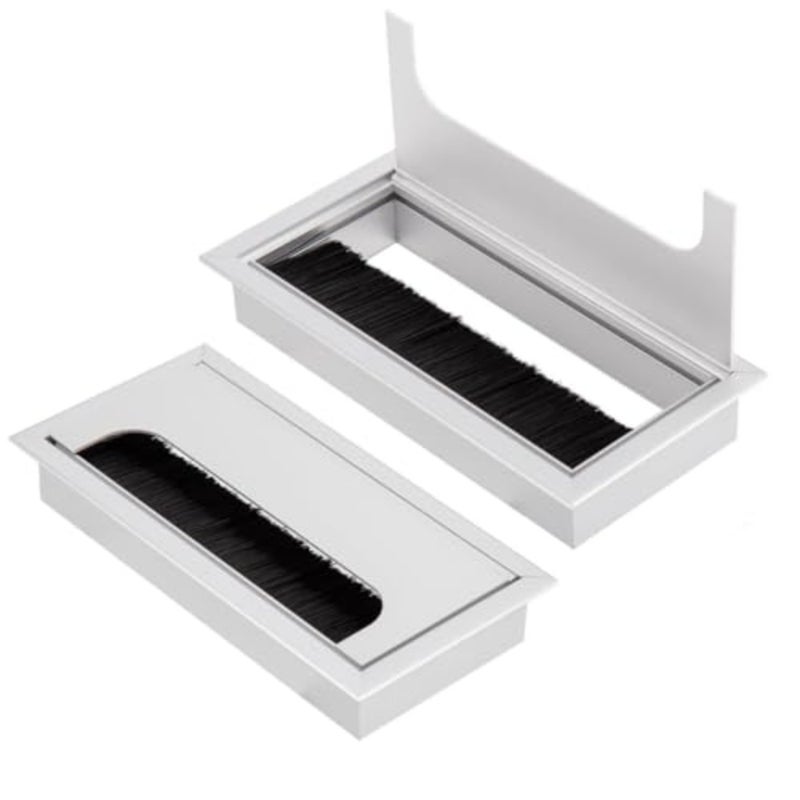 2 Pack Aluminum Alloy Desk Cable Grommets with Brush, 160x80mm Rectangle Wire Organizer Hole Cover, Desktop Cord Management Insert for Office Table Computer Workstation - Image 1
